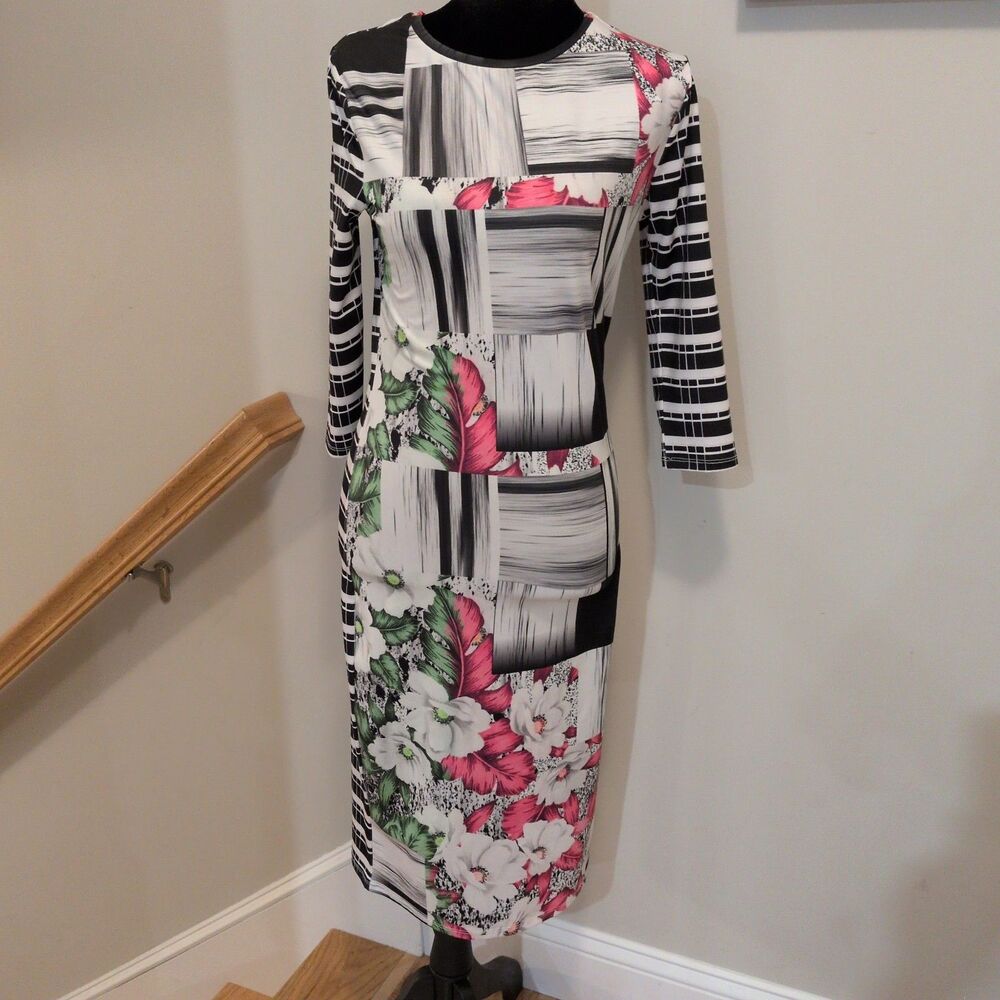 Topshop Print Clash Mixed Pattern Bodycon Dress Floral Striped Midi UK 12 US 8
